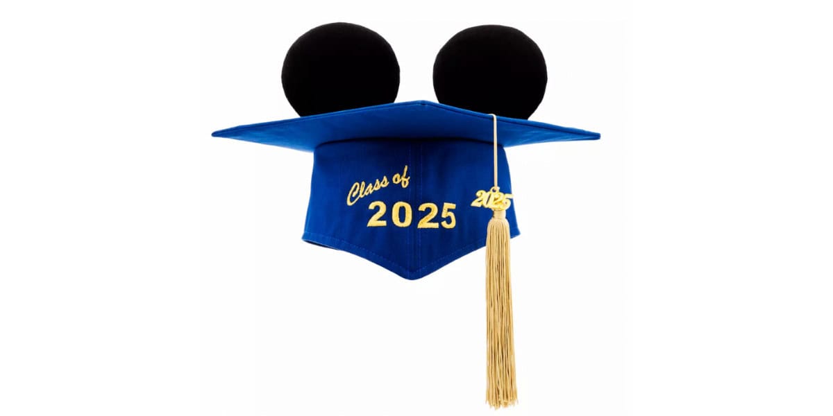 Blue graduation cap with black Mickey Mouse ears and a gold tassel. The cap has "Class of 2025" embroidered in gold text on the front.