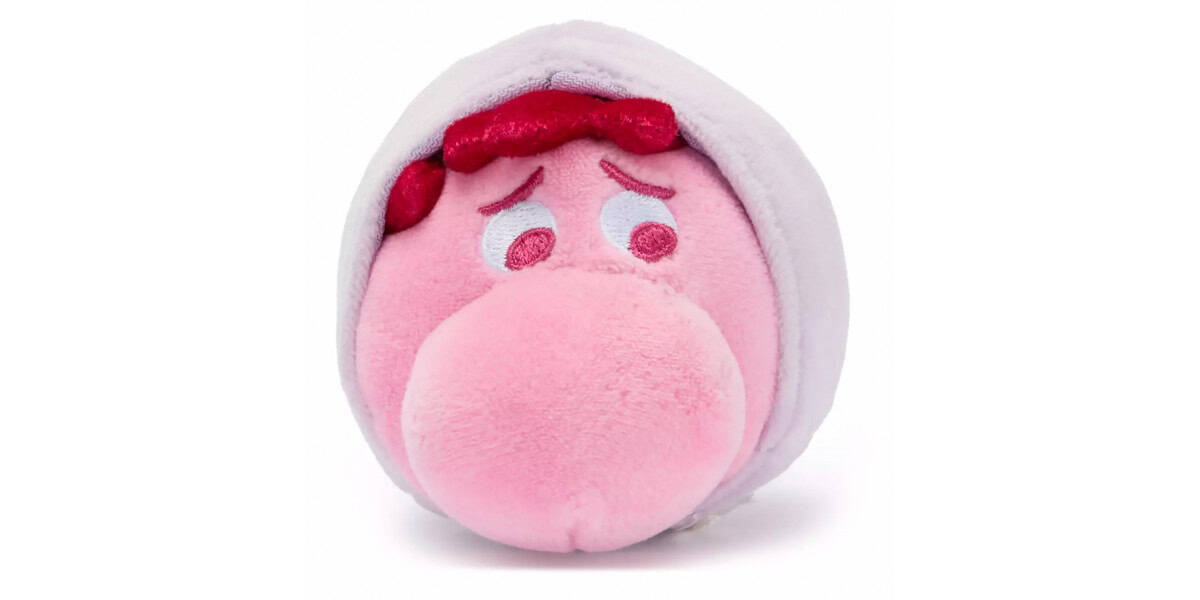 A round plush toy with a large pink nose, pink cheeks, and sad eyes. It has a white hood-like covering and red fabric at the top, giving it a worried or concerned expression.