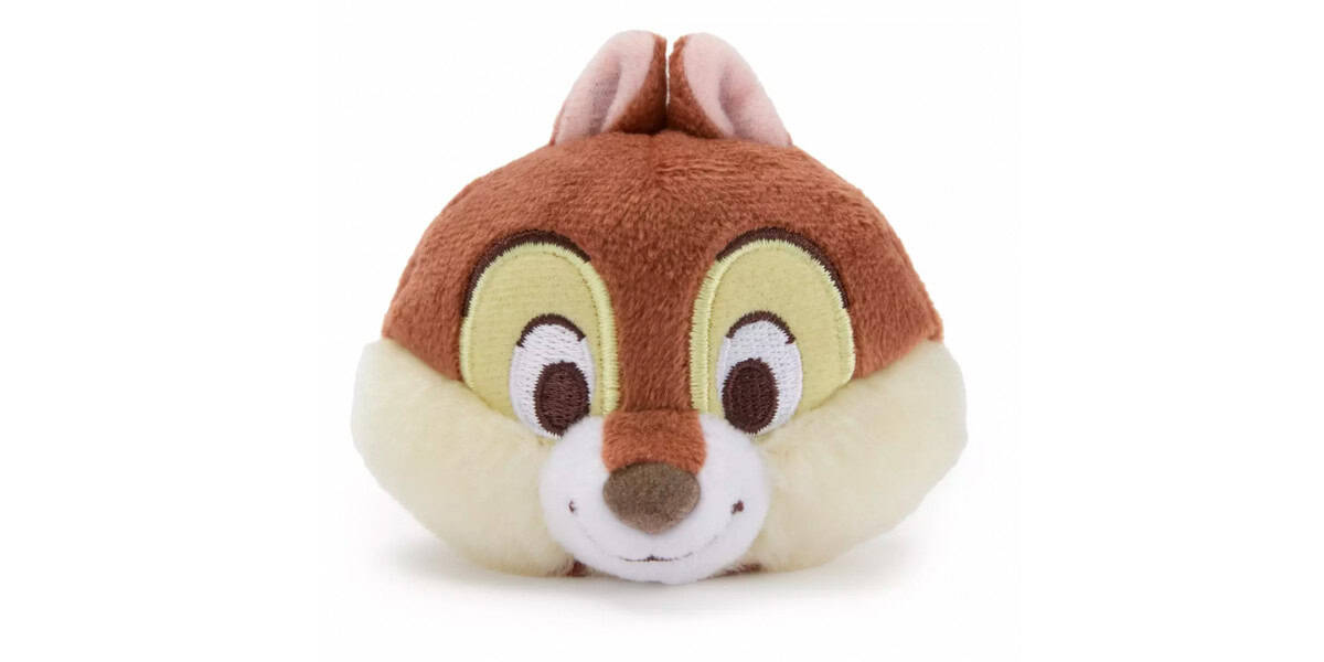 A plush toy head of a chipmunk with brown fur, cream cheeks, light yellow eye patches, big eyes, a small nose, and two upright ears.