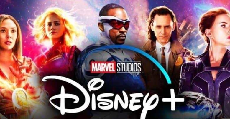 Five Marvel superheroes from Disney+ shows stand against a colorful cosmic background, with the Marvel Studios and Disney+ logos prominently displayed in front of them.