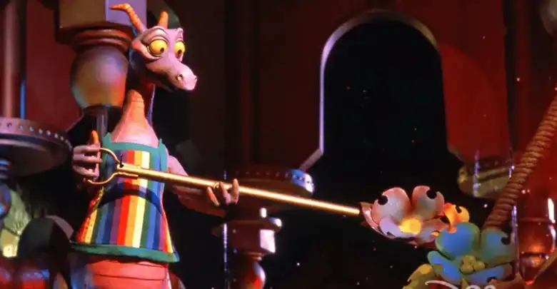 A purple dragon wearing a striped apron holds a long-handled spoon over a flower-shaped bowl in a whimsical, colorful setting.