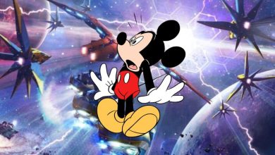 Mickey Mouse looks surprised as he stands in front of a vibrant outer space scene with planets, spaceships, and colorful lightning bolts in the background.