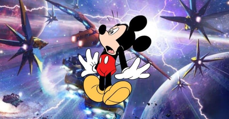 Mickey Mouse looks surprised as he stands in front of a vibrant outer space scene with planets, spaceships, and colorful lightning bolts in the background.