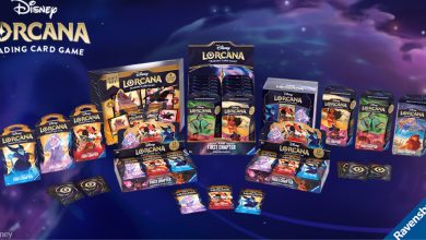 Display of Disney Lorcana Trading Card Game products, including booster packs, starter decks, gift sets (starting at $15), and various game accessories. The packaging features vibrant artwork of Disney characters.