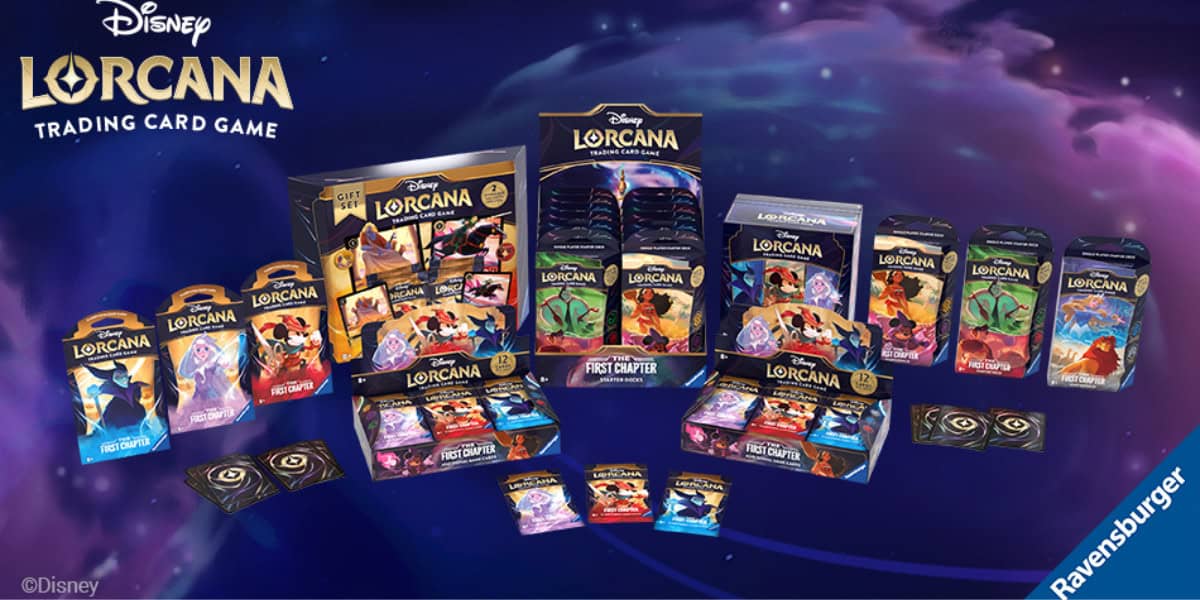 Display of Disney Lorcana Trading Card Game products, including booster packs, starter decks, gift sets (starting at $15), and various game accessories. The packaging features vibrant artwork of Disney characters.