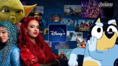 An image of various characters from Disney+ shows and Disney movies. In the foreground are characters from "Descendants," "The Mandalorian," and the animated show "Bluey." The background shows a collage of Disney+ titles such as "Avengers: Endgame" and "Guardians of the Galaxy.
