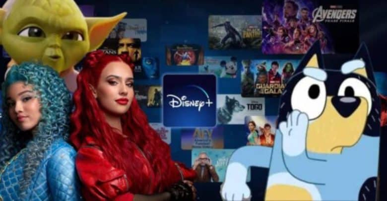 An image of various characters from Disney+ shows and Disney movies. In the foreground are characters from "Descendants," "The Mandalorian," and the animated show "Bluey." The background shows a collage of Disney+ titles such as "Avengers: Endgame" and "Guardians of the Galaxy.