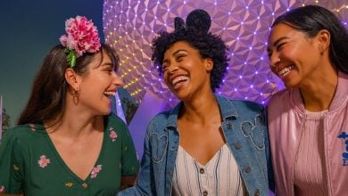 Three adult women in front of Epcot.