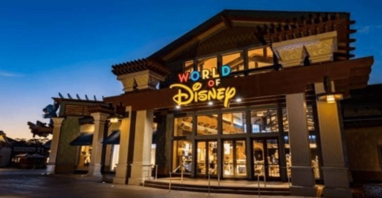 The entrance to World of Disney at Disney Springs at nighttime.