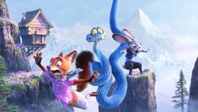 A fox, blue snake, and rabbit leap between mountain cliffs by a wooden house, looking stunned like new park show mascots.