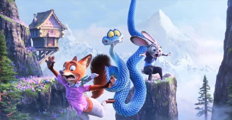 A fox, blue snake, and rabbit leap between mountain cliffs by a wooden house, looking stunned like new park show mascots.