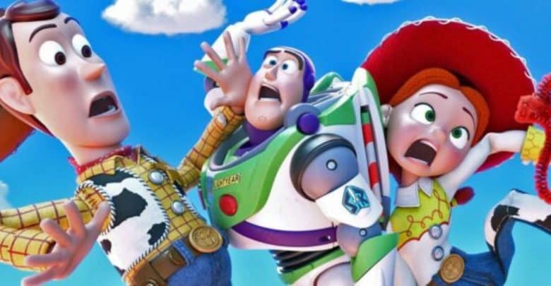 Woody, Buzz Lightyear, and Jessie, animated characters from Toy Story, look surprised and scared as they fall through the bright blue sky with clouds in the background.