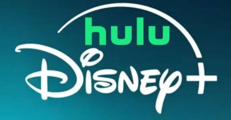 A combined logo featuring Disney+ and Hulu. The Disney+ logo is in its signature cursive font with a stylized arc above it. The Hulu logo in bright green, is positioned above and centered over the Disney+ logo. The background is a gradient of dark teal.