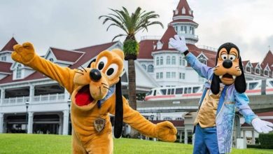 Pluto and Goofy stand in front of the Grand Floridian