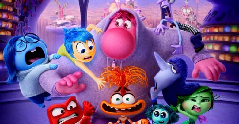 Joy, Sadness, Anger, Fear, and Disgust from Inside Out welcome guests in the vibrant control room of Riley’s mind.