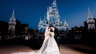 Couple getting married in front of Cinderella Castle