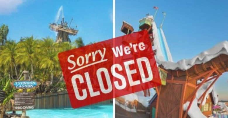 Blizzard Beach at Disney World shown split-screen with a bold red "Sorry We're CLOSED" sign, marking the water park's closure.