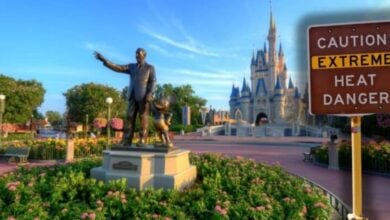 Extreme heat advisory sign by a statue and Cinderella Castle at Disney World, warning guests some rides may close on hot, sunny days.