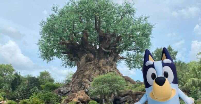 Bluey greets guests at Disney’s Animal Kingdom, standing before the Tree of Life and ready to join the virtual queue for fun.