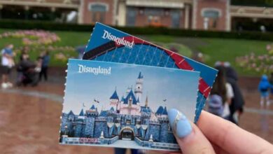 Two permanent Disneyland tickets held up at the iconic entrance gates, ready for a magical day at the park.