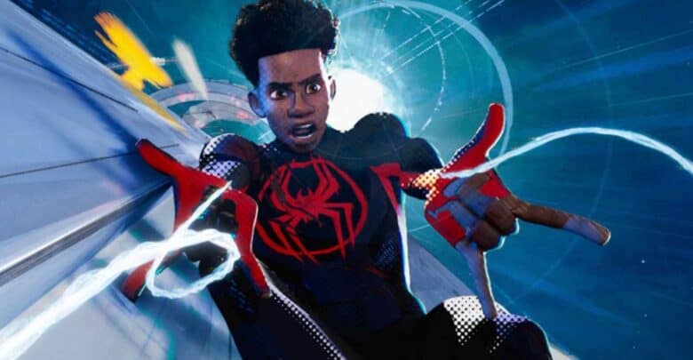 Spider-Man in his black and red Miles Morales suit swings above a neon-lit cityscape, evoking thrilling theme park adventures.