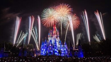 Dazzling fireworks explode over Cinderella Castle at Disney World, celebrating America’s 250th as crowds cheer below.