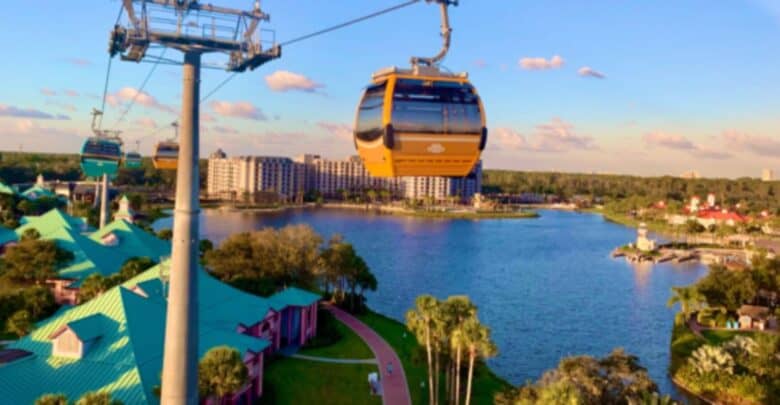 The Disney Skyliner in operation over Caribbean Beach at Disney World.