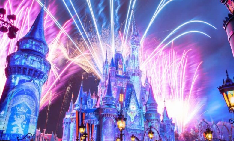 Fireworks exploding over Cinderella Castle at Magic Kingdom.