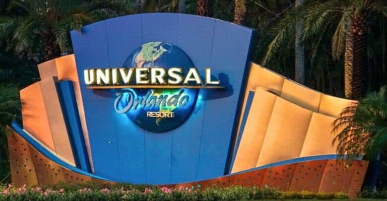 Universal Orlando Resort entrance sign at the Jurassic Park entrance.