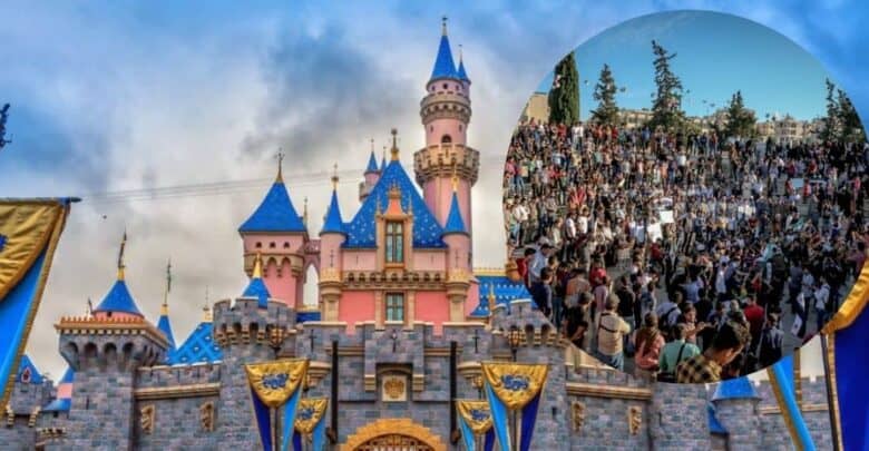 Sleeping Beauty Castle at Disneyland with a circular inset of a large crowd at the park entrance.