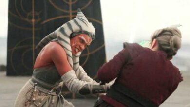 Ahsoka Tano lightsaber dueling Shin Hati in a Star Wars battle.