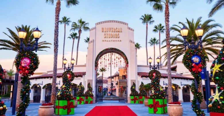 Holiday decorations at the Universal Studios Hollywood entrance.