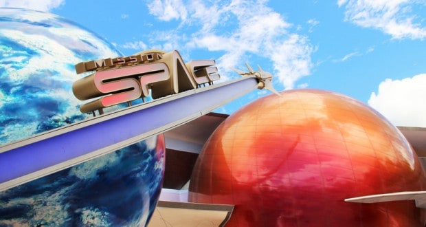 Mission: SPACE’s entrance at Epcot wows with massive planet models and a bright sky, drawing thrill-seekers to Walt Disney World.