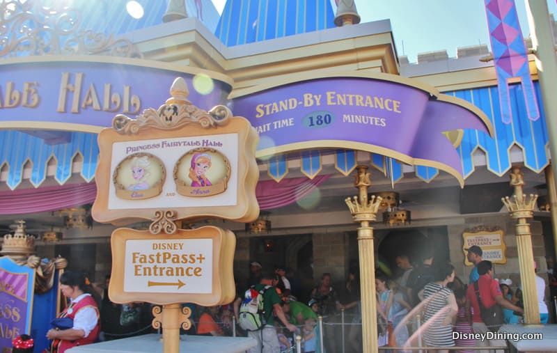Princess Fairytale Hall entrance at Disney with a 180-minute standby wait and FastPass+ entry for the royal meet-and-greet.