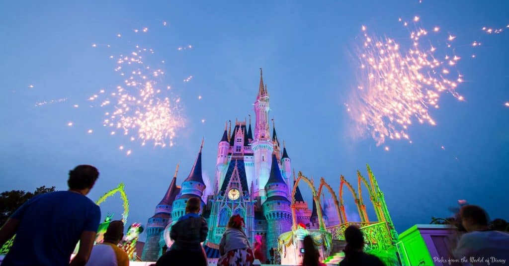 Spectacular fireworks light up Cinderella Castle at dusk in Magic Kingdom, dazzling guests with vibrant colors and magical atmosphere.