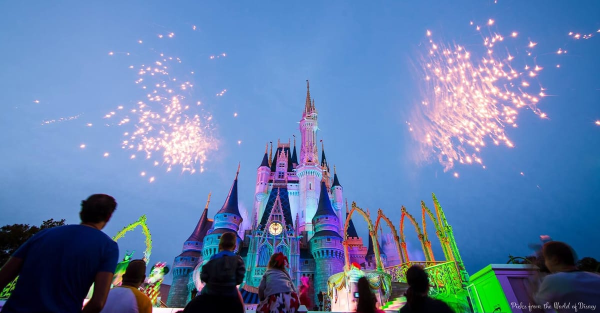 Spectacular fireworks light up Cinderella Castle at dusk in Magic Kingdom, dazzling guests with vibrant colors and magical atmosphere.