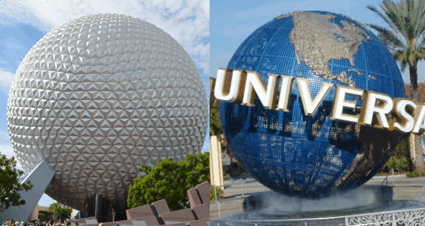 Left: Epcot’s Spaceship Earth at Disney World. Right: Universal Studios’ globe with “Universal” and palm trees behind it.