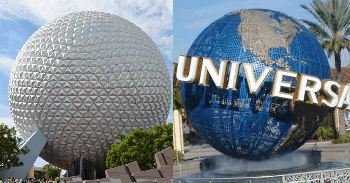 Left: Epcot’s Spaceship Earth at Disney World. Right: Universal Studios’ globe with “Universal” and palm trees behind it.