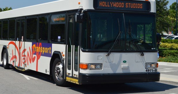 A Disney World bus to Hollywood Studios waits curbside in daylight, ready to whisk guests—cheerful or cranky—to new adventures.