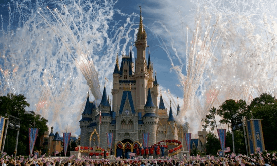 Fireworks light up the night sky above Cinderella Castle as Disney World guests watch in amazement during a magical show.