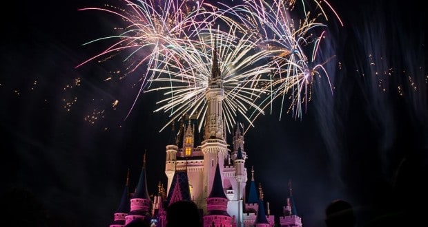 Fireworks burst above Cinderella Castle in Magic Kingdom, illuminating the night as guests watch in awe during a spectacular show.