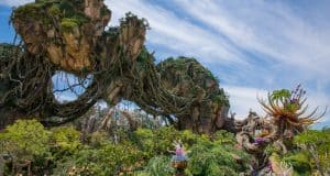 Pandora’s floating mountains tower over vibrant alien flora, capturing Animal Kingdom’s magic under a sky of wispy clouds.