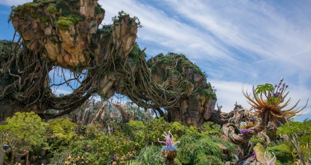 Pandora’s floating mountains tower over vibrant alien flora, capturing Animal Kingdom’s magic under a sky of wispy clouds.