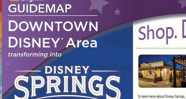Disney Springs guide map cover highlights the area’s evolution from Downtown Disney, set on a starry purple backdrop.
