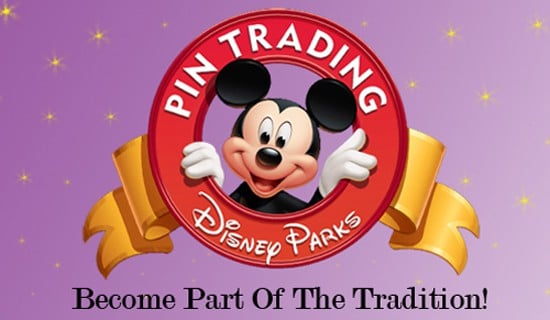 Mickey Mouse greets fans from a "Disney Parks Pin Trading" logo with a gold ribbon on a vibrant purple background—perfect for collectors.