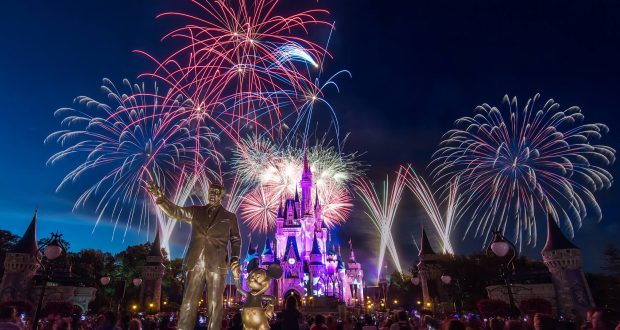 Dazzling fireworks soar above Cinderella Castle at Walt Disney World, with the Partners statue in front—pure Disney magic.