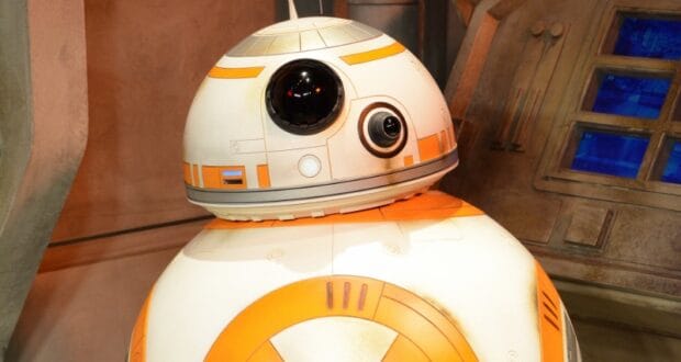 BB-8 from Star Wars on display at Disney’s Hollywood Studios, highlighting its iconic orange and white spherical design.