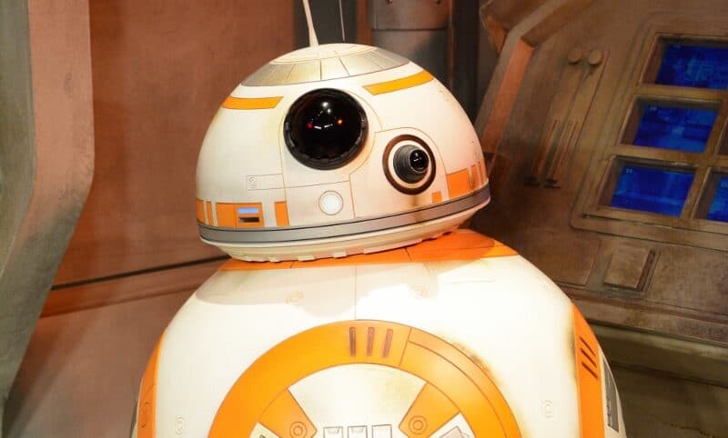 BB-8 from Star Wars on display at Disney’s Hollywood Studios, highlighting its iconic orange and white spherical design.