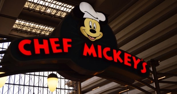 Chef Mickey’s glowing red sign and smiling chef Mickey welcome Disney fans, marking a must-snap dining spot at Walt Disney World.