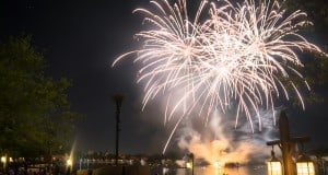 Dazzling fireworks burst over the lake at Walt Disney World, delighting crowds and making a magical end to the park's evening.